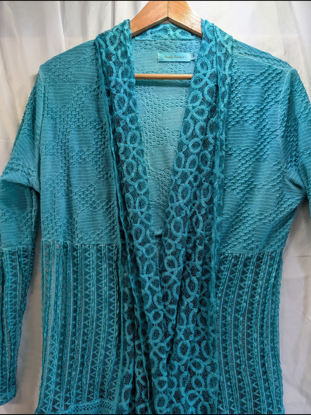 Simply Couture Teal Open-Front Lace  Long Knit  Cardigan Size L
